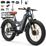 26" Dual Motor Electric Fat Tyre Mountain Bike 48V 30Ah Full Suspension AWD